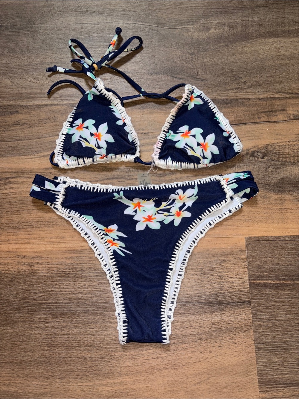 Navy Floral Triangle Bikini Set with White Trim - Kids Swim